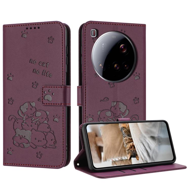 

For Xiaomi 15 Ultra Embossed Kitten Phone Leather Case with Lanyard(Wine Red)