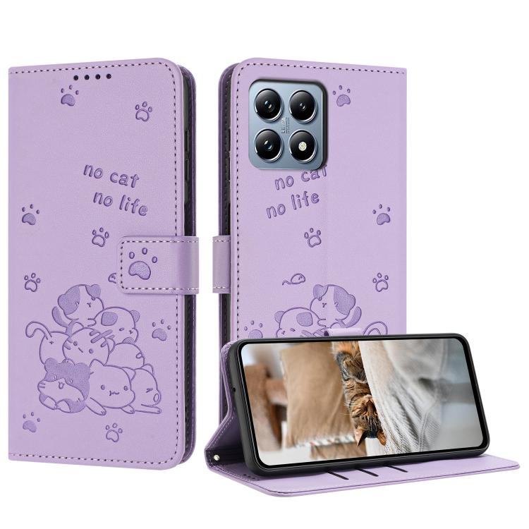 

For Xiaomi 15T 5G Embossed Kitten Phone Leather Case with Lanyard(Purple)