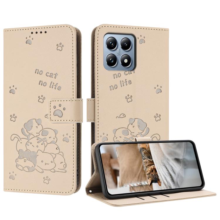 

For Xiaomi 15T 5G Embossed Kitten Phone Leather Case with Lanyard(Beige)