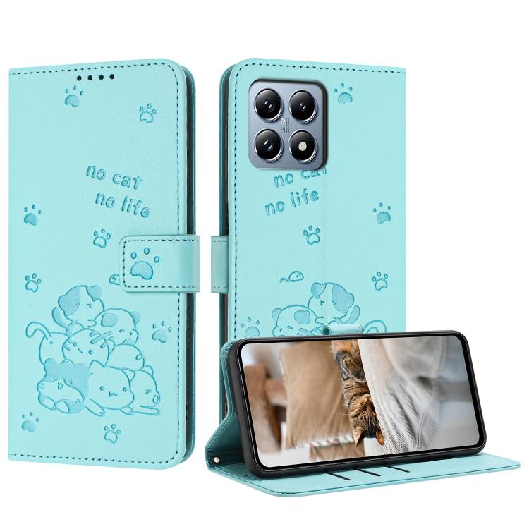 

For Xiaomi 15T 5G Embossed Kitten Phone Leather Case with Lanyard(Mint Green)