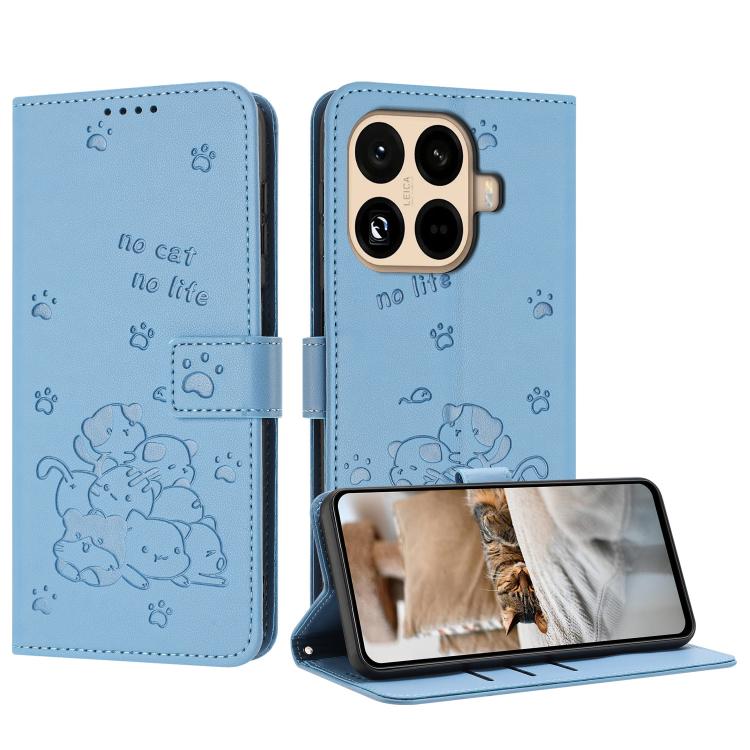 

For Xiaomi 15T Pro 5G Embossed Kitten Phone Leather Case with Lanyard(Blue)