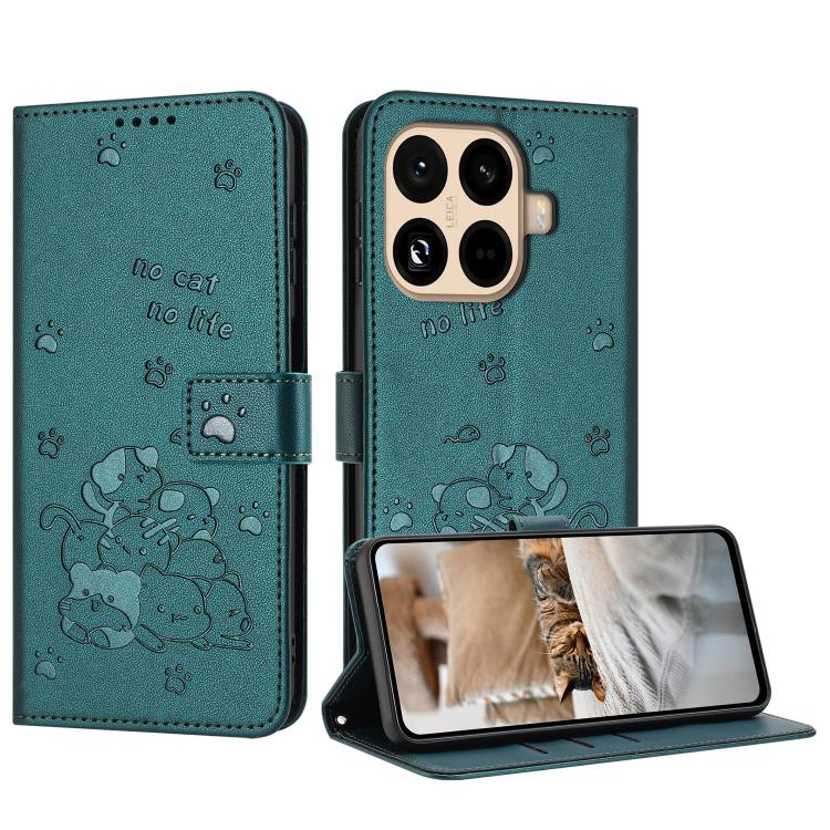 

For Xiaomi 15T Pro 5G Embossed Kitten Phone Leather Case with Lanyard(Dark Green)