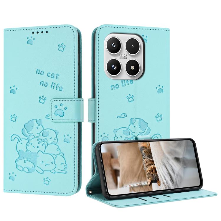 

For Xiaomi 17 Embossed Kitten Phone Leather Case with Lanyard(Mint Green)