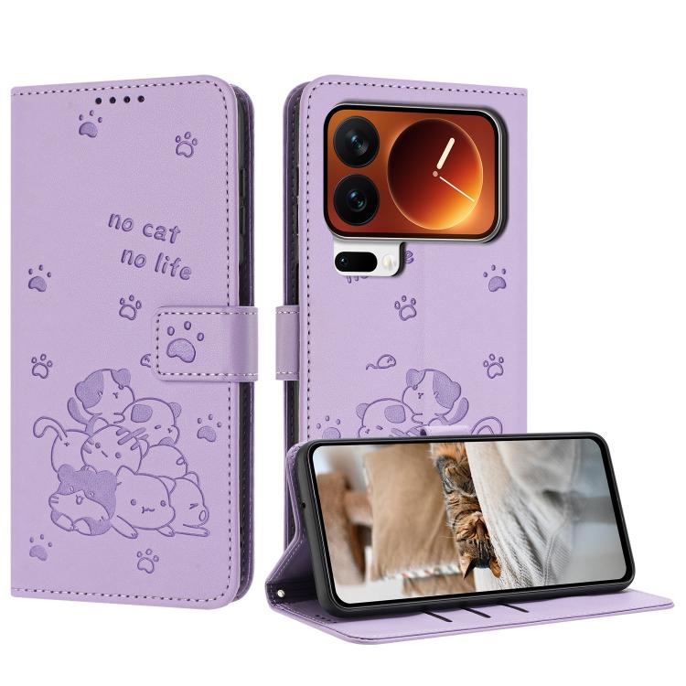 

For Xiaomi 17 Pro Embossed Kitten Phone Leather Case with Lanyard(Purple)