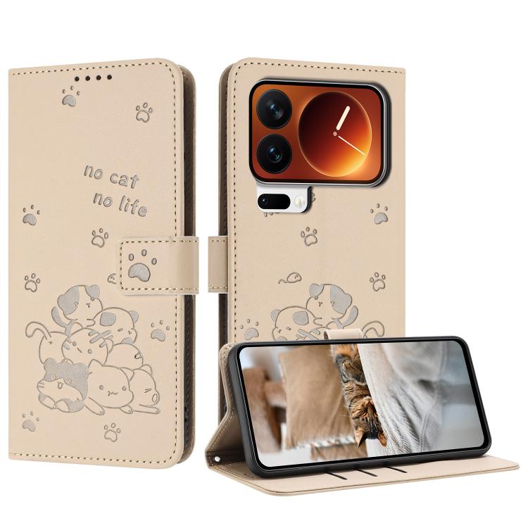 

For Xiaomi 17 Pro Embossed Kitten Phone Leather Case with Lanyard(Beige)