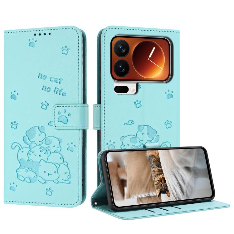

For Xiaomi 17 Pro Embossed Kitten Phone Leather Case with Lanyard(Mint Green)