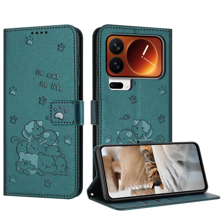 

For Xiaomi 17 Pro Embossed Kitten Phone Leather Case with Lanyard(Dark Green)