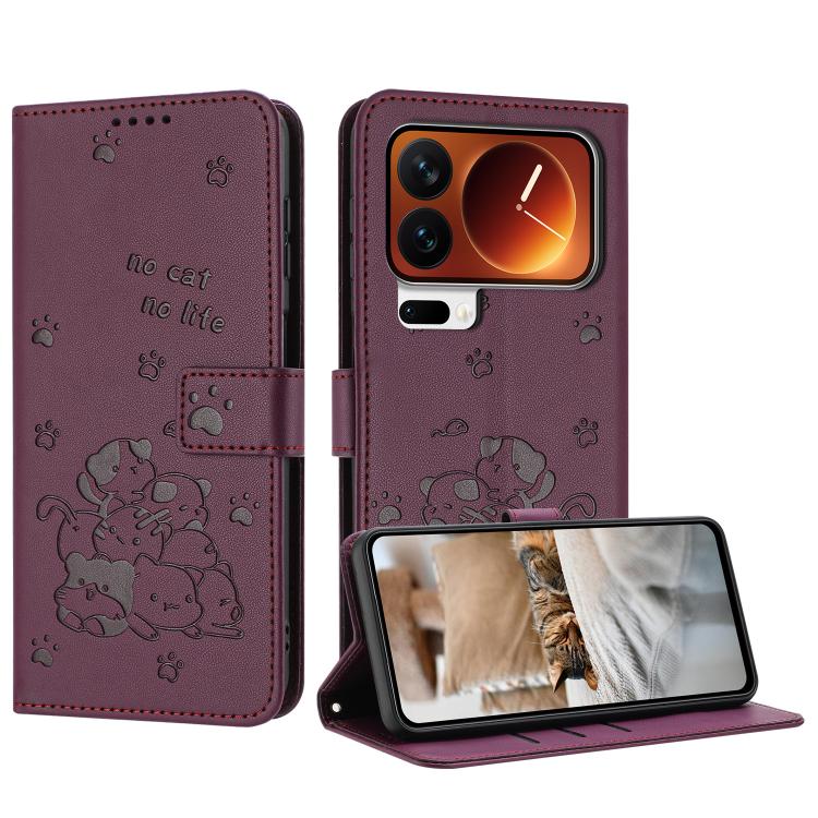 

For Xiaomi 17 Pro Max Embossed Kitten Phone Leather Case with Lanyard(Wine Red)