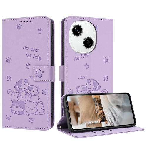 

For Tecno Spark Go 1 / Go 2025 Embossed Kitten Phone Leather Case with Lanyard(Purple)