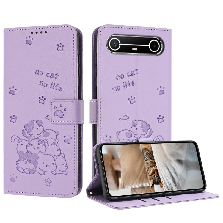 

For Tecno Pova Slim Embossed Kitten Phone Leather Case with Lanyard(Purple)