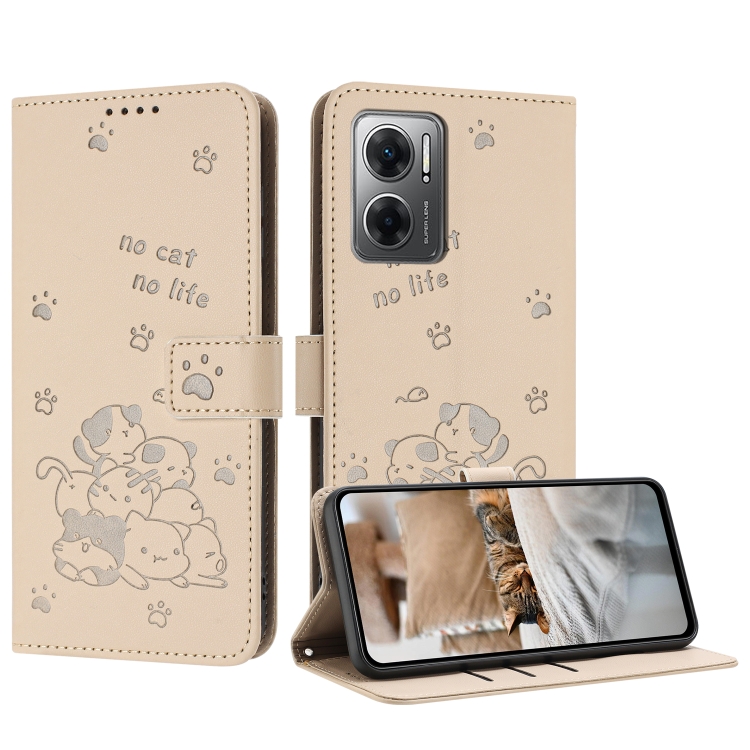 

For Redmi 10 5G / Note 11E 5G Embossed Kitten Phone Leather Case with Lanyard(Beige)