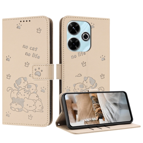 

For Redmi 13 4G / 5G / Note 13R 5G Embossed Kitten Phone Leather Case with Lanyard(Beige)