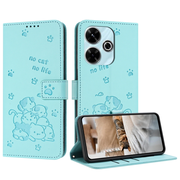 

For Redmi 13 4G / 5G / Note 13R 5G Embossed Kitten Phone Leather Case with Lanyard(Mint Green)