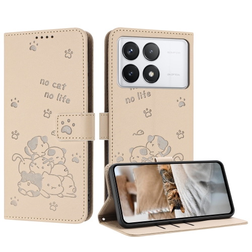 

For Redmi K70 / K70 Pro Embossed Kitten Phone Leather Case with Lanyard(Beige)