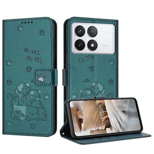 

For Redmi K70E Embossed Kitten Phone Leather Case with Lanyard(Dark Green)