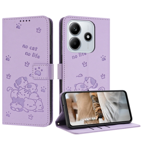 

For Redmi Note 14 5G Embossed Kitten Phone Leather Case with Lanyard(Purple)