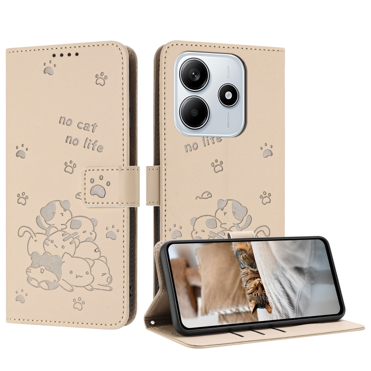 

For Redmi Note 14 5G Embossed Kitten Phone Leather Case with Lanyard(Beige)
