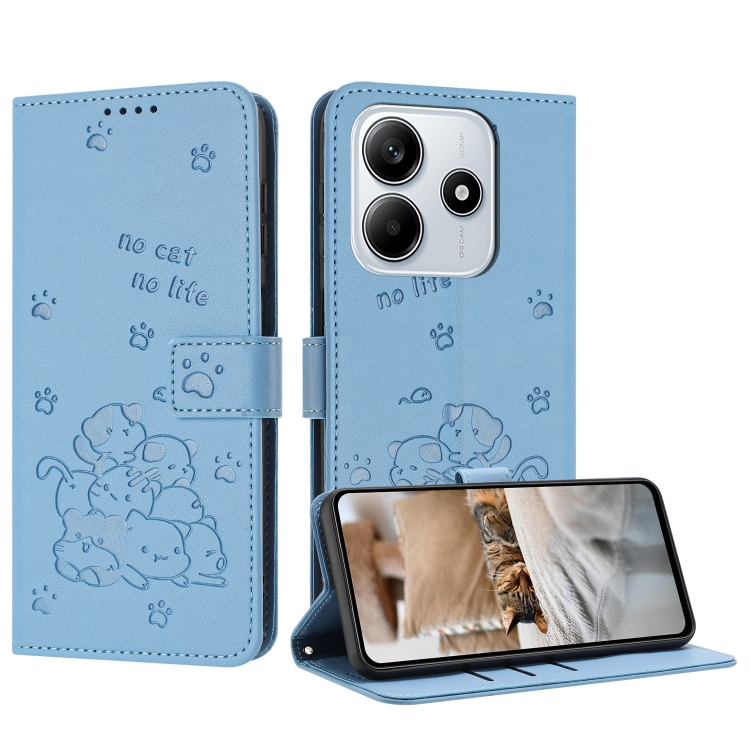 

For Redmi Note 14 5G Embossed Kitten Phone Leather Case with Lanyard(Blue)