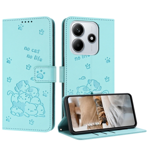 

For Redmi Note 14 5G Embossed Kitten Phone Leather Case with Lanyard(Mint Green)