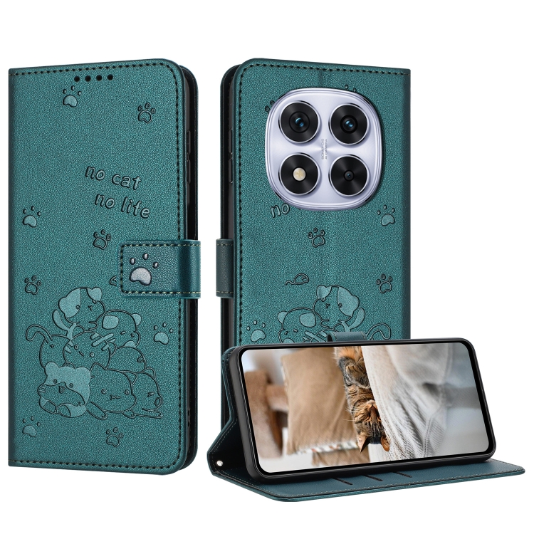 

For Redmi Note 14 Pro 5G Embossed Kitten Phone Leather Case with Lanyard(Dark Green)