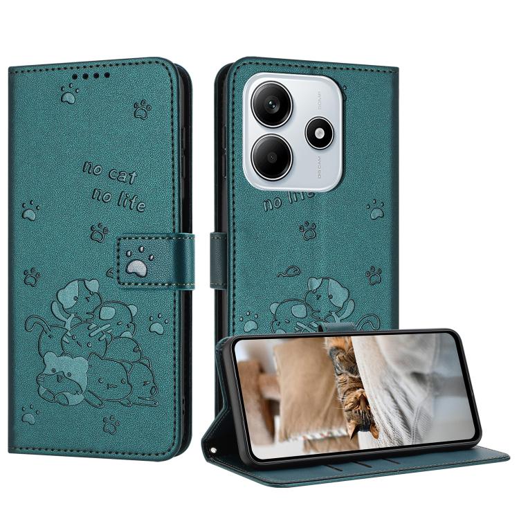 

For Redmi Note 14 4G 163.25mm Embossed Kitten Phone Leather Case with Lanyard(Dark Green)