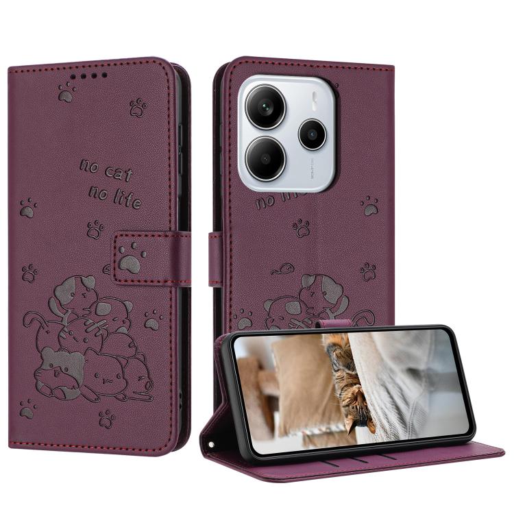 

For Redmi Note 14 4G 164.84mm Embossed Kitten Phone Leather Case with Lanyard(Wine Red)