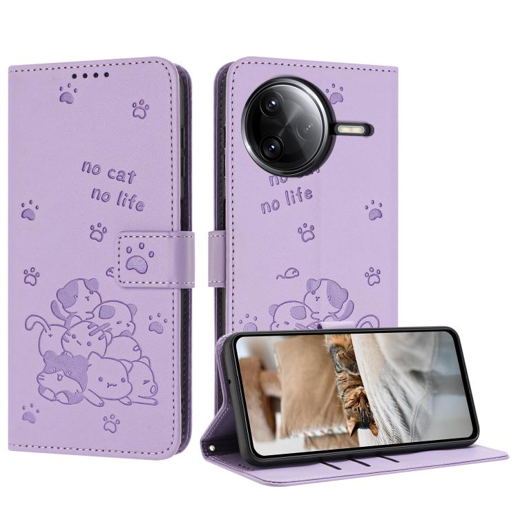 

For Redmi K80 / K80 Pro Embossed Kitten Phone Leather Case with Lanyard(Purple)
