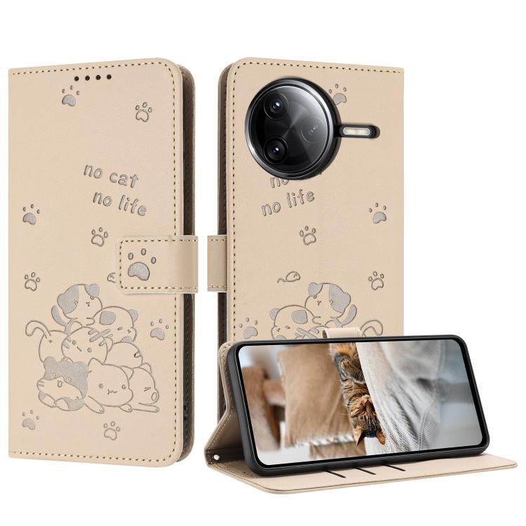 

For Redmi K80 / K80 Pro Embossed Kitten Phone Leather Case with Lanyard(Beige)