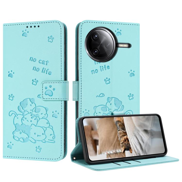 

For Redmi K80 / K80 Pro Embossed Kitten Phone Leather Case with Lanyard(Mint Green)