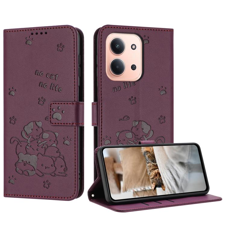 

For Redmi 15C 5G / 4G EU 173mm Embossed Kitten Phone Leather Case with Lanyard(Wine Red)