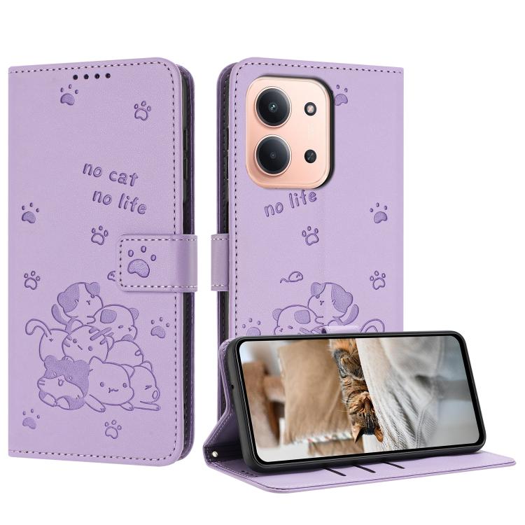 

For Redmi 15C 5G / 4G Global 171mm Embossed Kitten Phone Leather Case with Lanyard(Purple)