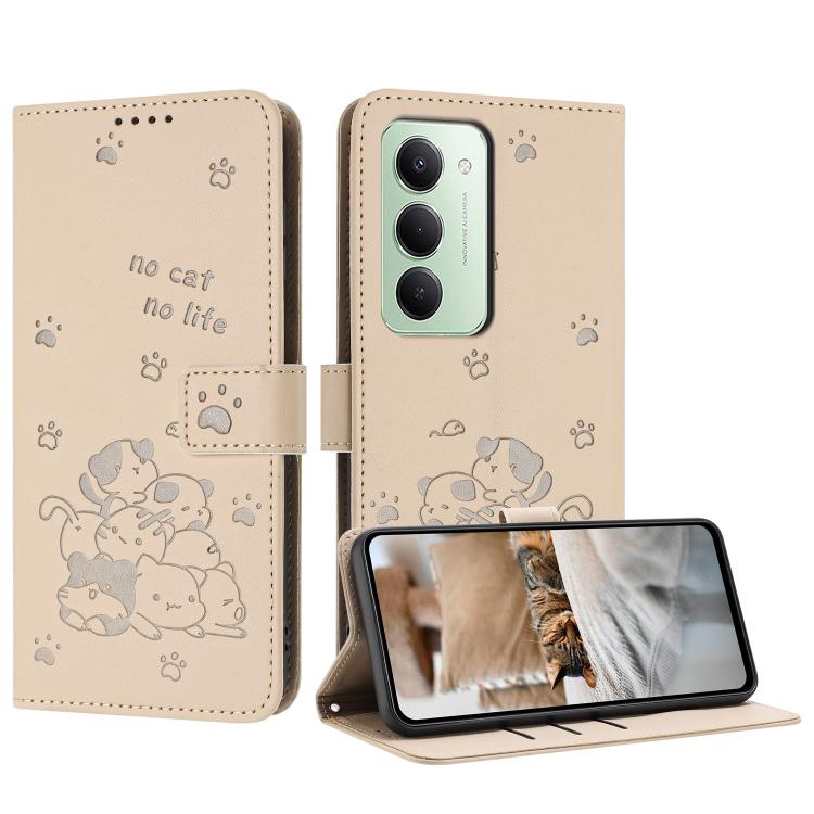 

For Redmi 15 5G Global / 4G SEA 169mm Embossed Kitten Phone Leather Case with Lanyard(Beige)