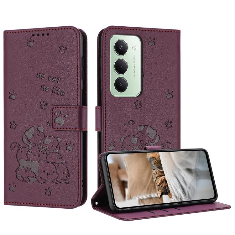 

For Redmi 15 5G Global / 4G SEA 169mm Embossed Kitten Phone Leather Case with Lanyard(Wine Red)