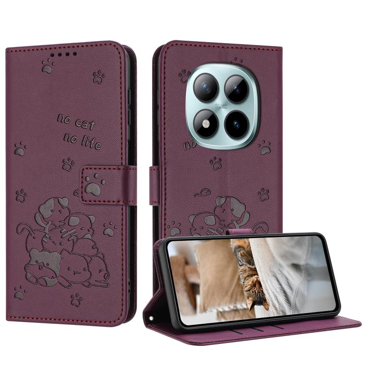 

For Redmi Note 15 Pro 5G Global 163.6mm Embossed Kitten Phone Leather Case with Lanyard(Wine Red)