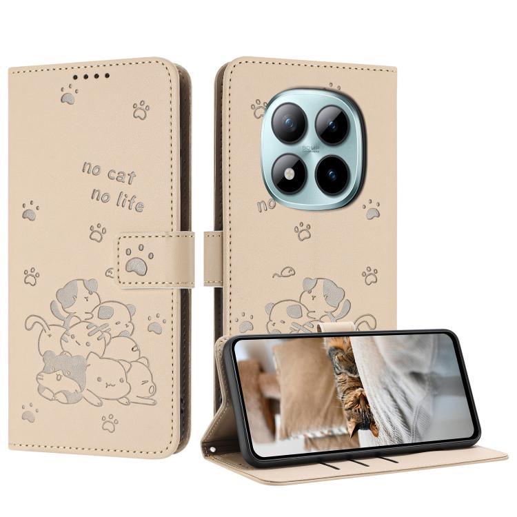 

For Redmi Note 15 Pro 4G Global 163.2mm Embossed Kitten Phone Leather Case with Lanyard(Beige)