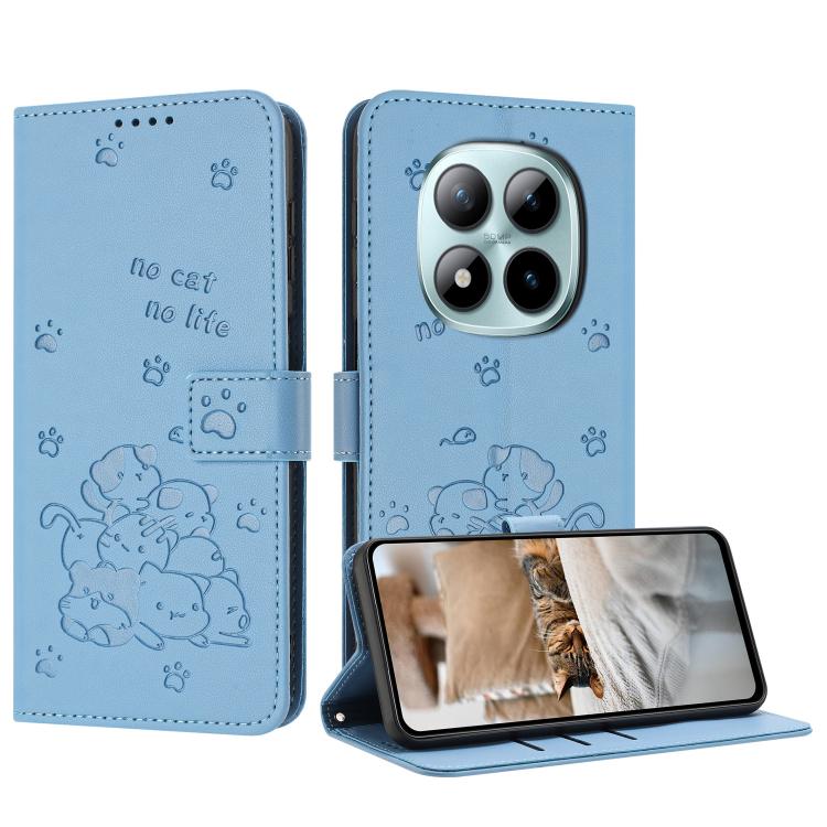 

For Redmi Note 15 Pro 4G Global 163.2mm Embossed Kitten Phone Leather Case with Lanyard(Blue)