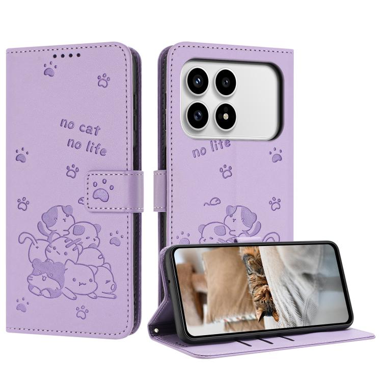 

For Redmi K90 / Poco F8 Pro Embossed Kitten Phone Leather Case with Lanyard(Purple)