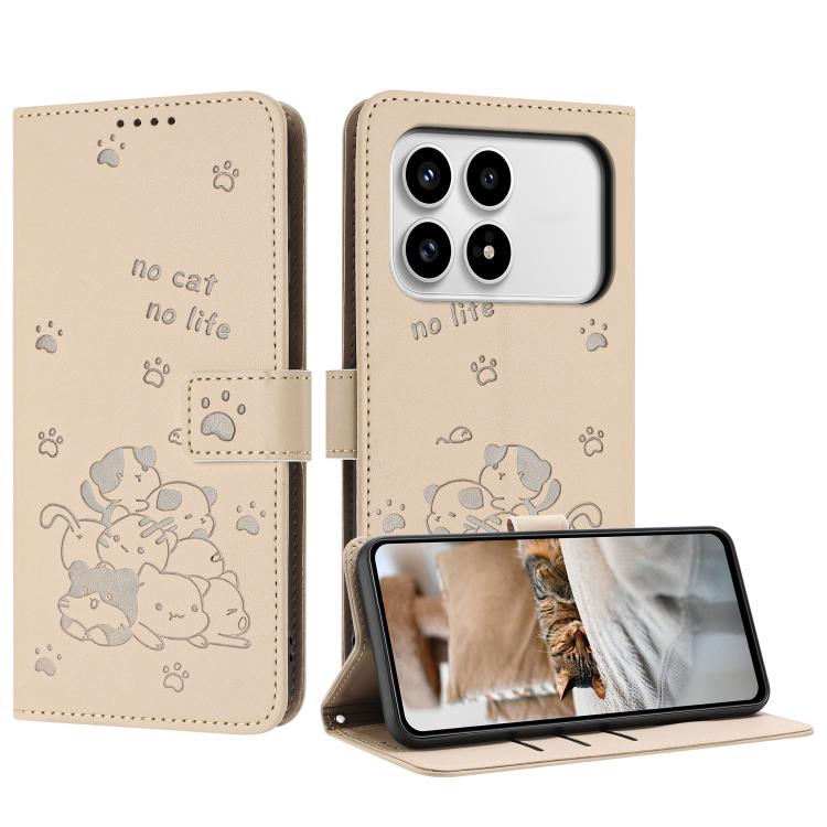 

For Redmi K90 / Poco F8 Pro Embossed Kitten Phone Leather Case with Lanyard(Beige)