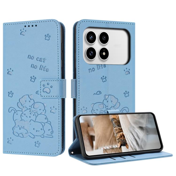 

For Redmi K90 / Poco F8 Pro Embossed Kitten Phone Leather Case with Lanyard(Blue)