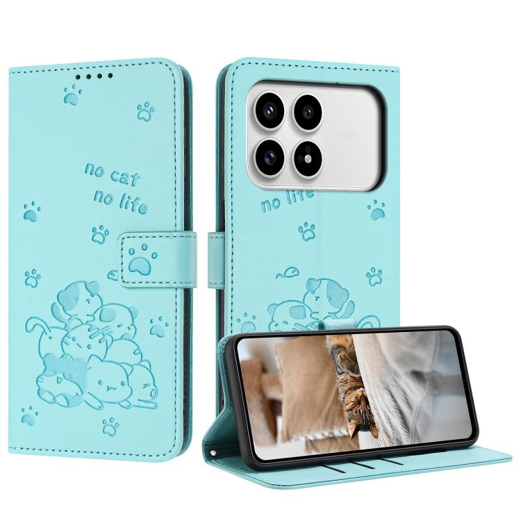 

For Redmi K90 / Poco F8 Pro Embossed Kitten Phone Leather Case with Lanyard(Mint Green)