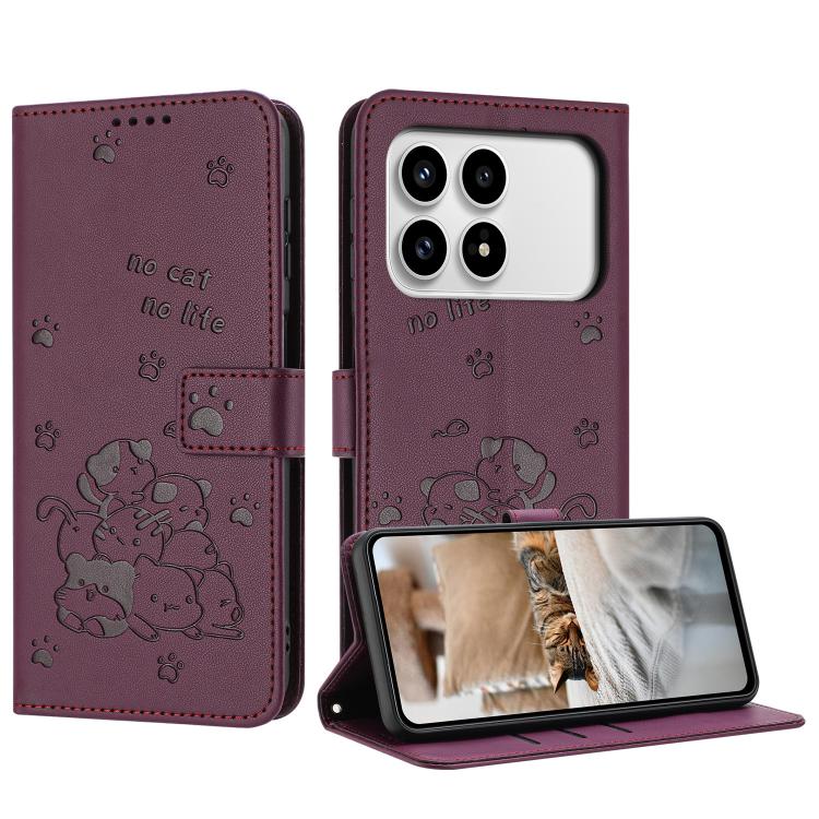

For Redmi K90 / Poco F8 Pro Embossed Kitten Phone Leather Case with Lanyard(Wine Red)
