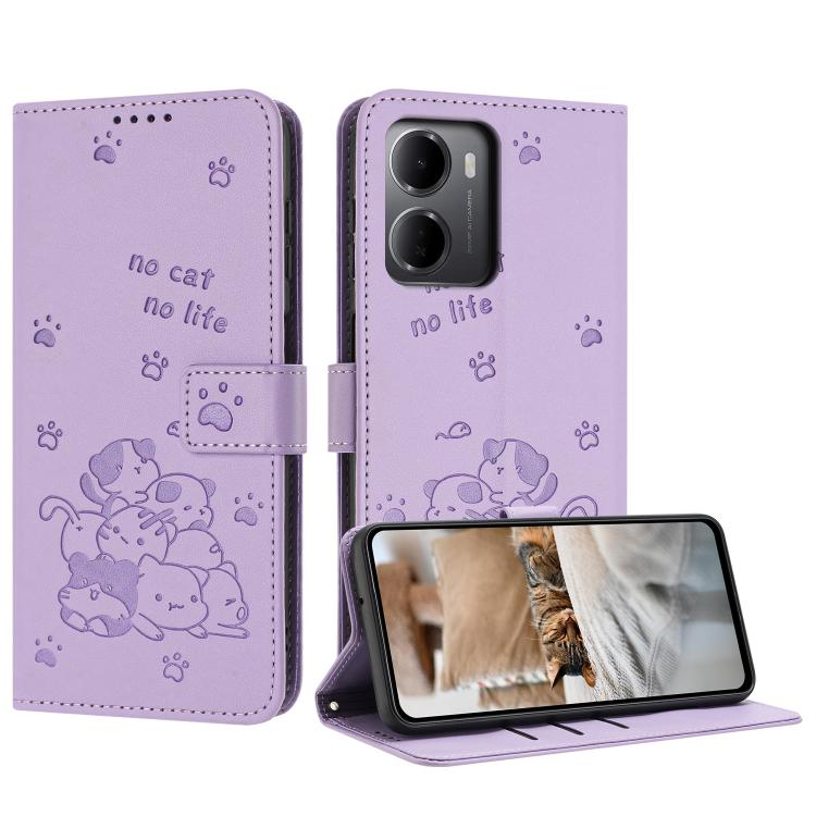 

For Redmi 15a 5G Embossed Kitten Phone Leather Case with Lanyard(Purple)