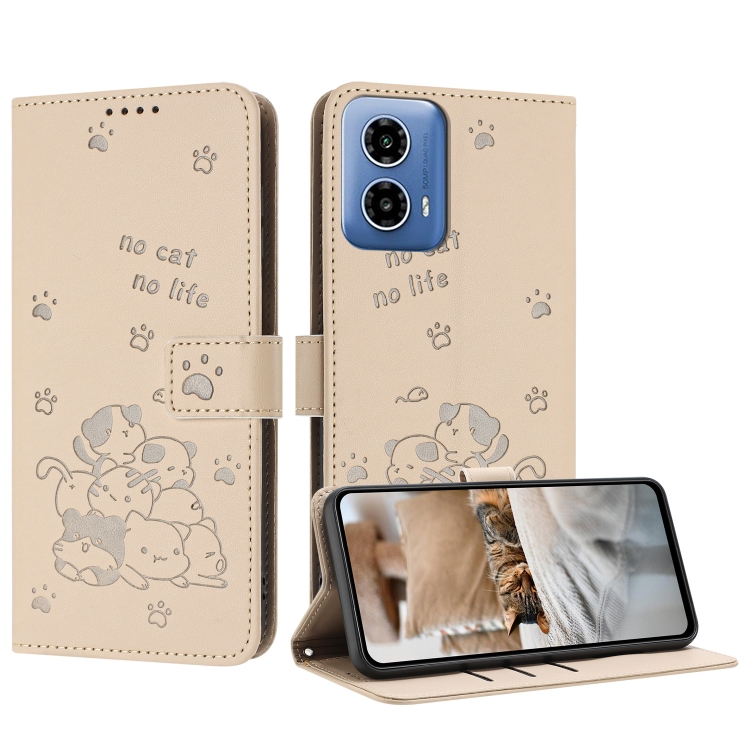 

For Motorola Edge 50 Fusion Embossed Kitten Phone Leather Case with Lanyard(Beige)