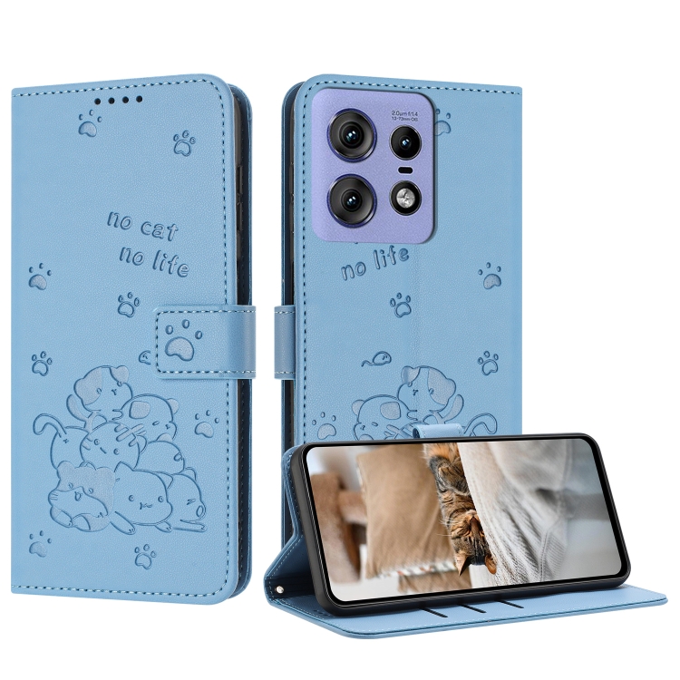 

For Motorola Edge 50 Pro Embossed Kitten Phone Leather Case with Lanyard(Blue)