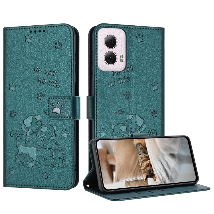 

For Motorola Moto G Power 5G 2024 Embossed Kitten Phone Leather Case with Lanyard(Dark Green)