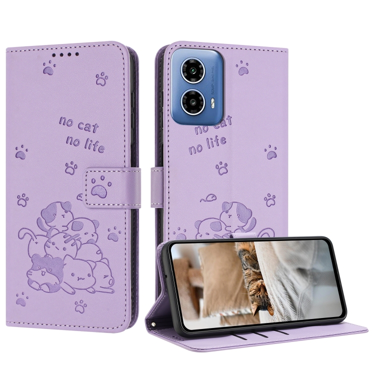 

For Motorola Moto G Stylus 5G 2024 Embossed Kitten Phone Leather Case with Lanyard(Purple)