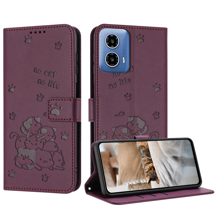 

For Motorola Moto G Stylus 5G 2024 Embossed Kitten Phone Leather Case with Lanyard(Wine Red)