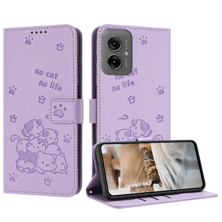 

For Motorola Moto G55 Embossed Kitten Phone Leather Case with Lanyard(Purple)