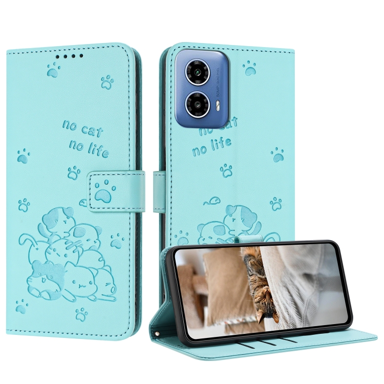 

For Motorola Moto G85 Embossed Kitten Phone Leather Case with Lanyard(Mint Green)