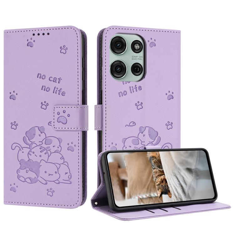 

For Motorola Moto G86 5G Embossed Kitten Phone Leather Case with Lanyard(Purple)